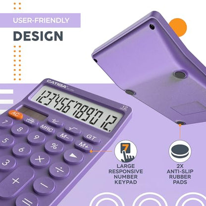 CATIGA 12 Digit Desktop Calculator Basic Desk Calculator with Large LCD Display, Big Buttons, 4 Function, Solar and Battery Dual Power, for Office, School, Home, SD-1292 Purple - color: 7) Purple