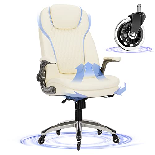 Executive Office Chair-Ergonomic Computer Desk Chair with Upgraded Caster for Swivel, High Back Office Chair with Padded Flip-up Arms,Leather Chair Thicken Seat for Comfort - color: Ivory-6686, size: set of 1