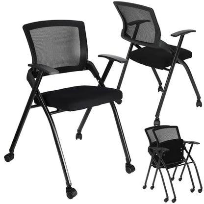 AceOrbit 2 Pcs Foldable Office Chair with PU Wheels Lumbar Support, Armrest, Thick Breathable Mesh Seat Chair for Office Meeting, Conference, Training Room, Black