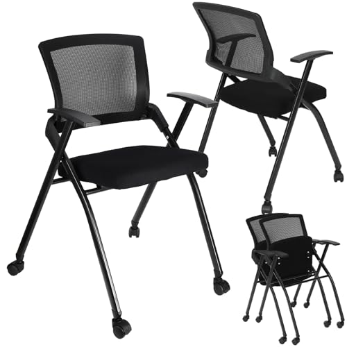 AceOrbit 2 Pcs Foldable Office Chair with PU Wheels Lumbar Support, Armrest, Thick Breathable Mesh Seat Chair for Office Meeting, Conference, Training Room, Black