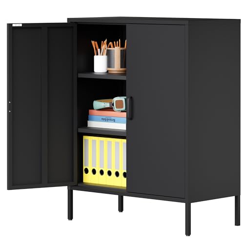 Ustamio 2 Door Metal Storage Cabinet with 2 Shelves, 3 Tier Garage Storage Locker Cabinet for Home, Entryway, Hallway and Office, Assembly Required, Black, (LC-CSG) - color: Black, size: 40"H-Metal Doors