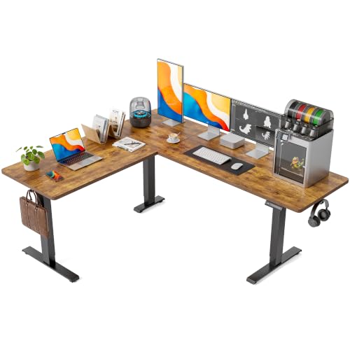 FEZIBO 75" x 63" L-Shaped Standing Desk - Adjustable Corner Desk L Shape, L-Shaped Adjustable Desk with Splice Board, L Shape Standing Desk, Rustic-Brown - color: Rustic Brown, size: 75x63