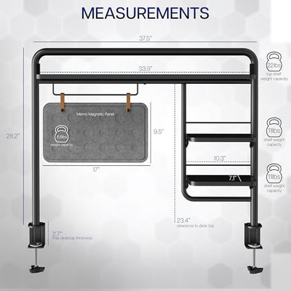 VIVO Black Clamp-on 38 inch Desktop Shelving System, DESK-SHELF38A | Raised Accessory Storage Shelves, Magnetic Memo Board Desk Organizer, Shelving for Sit Stand Workstation