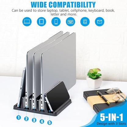 Vertical Laptop Stand, 3 Slot Adjustable Laptop Storage Rack and Desk Organizer, Silicone-Padded Holder for Multiple Devices Storage, Compatible Stand for Tablets and Devices up to 17 Inches