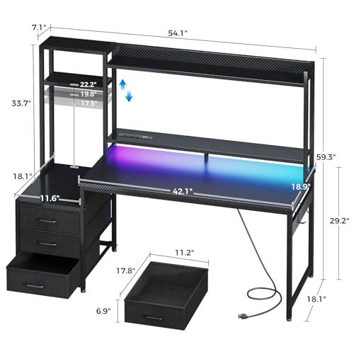 Casaottima 55 Inch Gaming Desk with Hutch & LED Lights & PC Tower Stand | Reversible PC Desk with 3 Fabric Drawers & Power Outlets, Computer Desk with Shelves for Display, Carbon Fiber Black - size: 55 inch
