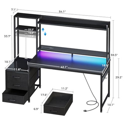 Casaottima 55 Inch Gaming Desk with Hutch & LED Lights & PC Tower Stand | Reversible PC Desk with 3 Fabric Drawers & Power Outlets, Computer Desk with Shelves for Display, Carbon Fiber Black - size: 55 inch