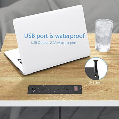 Conference Recessed Power Strip Waterproof,Furniture Recessed Power Strip with 4 Outlets,2 USB,Table Surge Protector,Flush Mount Water Resistant,6ft Cable with Flat Plug - color: Black, size: 4 Outlets
