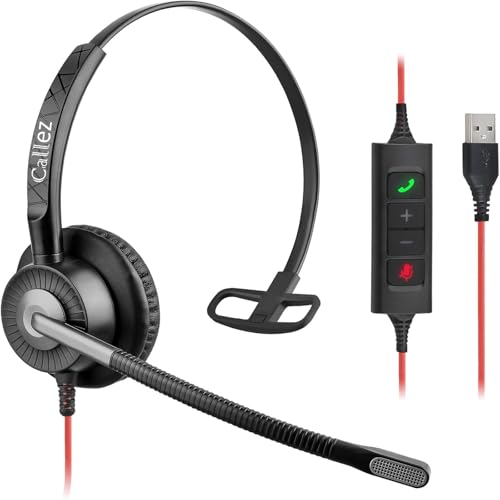 Callez USB Headset with ENC 2 Noise Cancelling Mics for PC Laptop Office | Wired Computer Headphones with Microphone, Mono Office Headset for Teams Zoom Skype Home Work Call Center, Teams Call Control