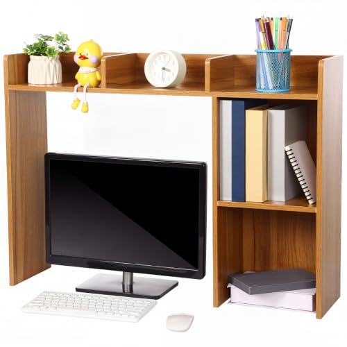 Briwooody Dorm Desk Bookshelf Desk Hutch Organizer with 5 Shelves and 3 Tier Desktop Hutch Storage Organizer for College Dorm Home Office Supply, 32.5 x 23.5 x 8 Inch (Wood) - color: Wood