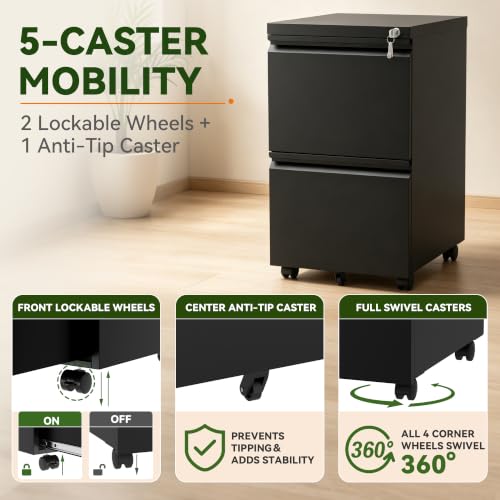 SAWJEC 2 Drawer Rolling File Cabinet Fully Assembled, Black - color: 01b-black