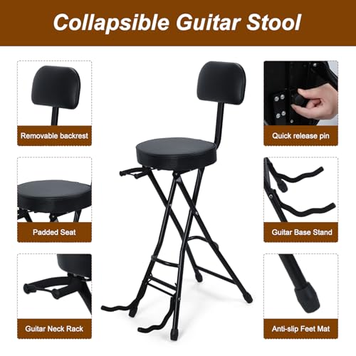 Guitar Seat with Stand, Guitar Stool with Padded Cushion, Collapsible Design, Heavy-Duty Ergonomic Backrest, Guitars Stool (Black) - color: Black-d