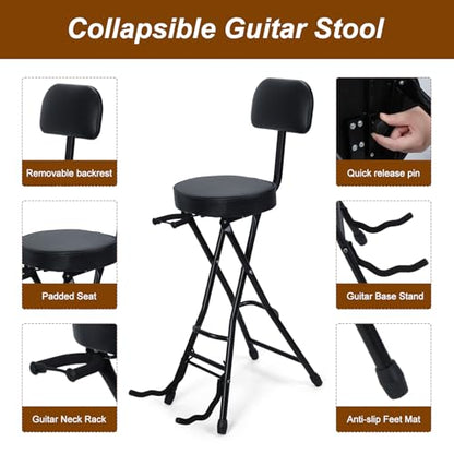 Guitar Seat with Stand, Guitar Stool with Padded Cushion, Collapsible Design, Heavy-Duty Ergonomic Backrest, Guitars Stool (Black) - color: Black-d