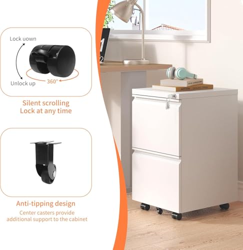Guizeeopo 2 Drawer Locking File Cabinet, Fully Assembled Heavy-Duty Metal Filing Cabinets for Home Office, Quiet Slides, Anti-Tipping Wheels, Fits A4/Letter/Legal, Matte White - color: 03-b White