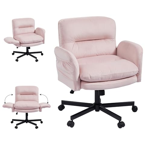 Bestier Velvet Vanity Chair with Flip-Up Arms, Swivel Makeup Chair Pink | Comfy Cross-Legged Computer Chair with Wheels 2 Side Pockets for Home Office Gaming, Bedroom - color: Pink Velvet, size: Low Back