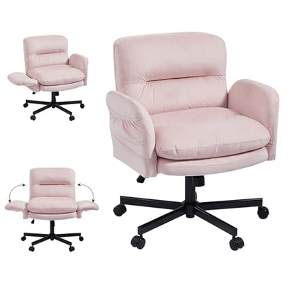 Bestier Velvet Vanity Chair with Flip-Up Arms, Swivel Makeup Chair Pink | Comfy Cross-Legged Computer Chair with Wheels 2 Side Pockets for Home Office Gaming, Bedroom - color: Pink Velvet, size: Low Back