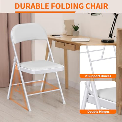 Fenbeli 6 Pack Padded Folding Chairs with Cushion, White PU Leather Foldable Chairs for Holidays, Parties & Big Gatherings, 330-Pound Heavy-Duty Steel Frame, Auto-Lock Hinge, Wipe-Clean, Folds Flat - color: White, size: Set of 6