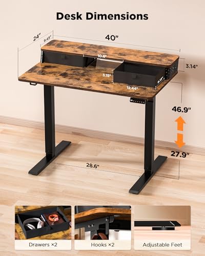 FiCiHi 40x24 Inch Electric Standing Desk, 2 Drawers, Adjustable Height Desk - color: Rustic Brown, size: 40"x24" (Standard)