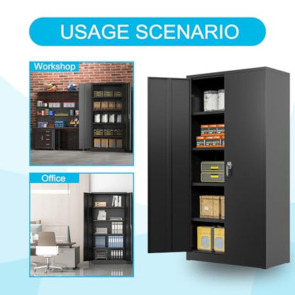 Black Iron Metal Lockable Storage Cabinet - Durable Home Office Garage Organizer for TV & Slim Storage - Secure Sideboard Locking Filing Pantry Tall Bathroom Floor Storage Cabinet with Lock - size: 31.48'' Black