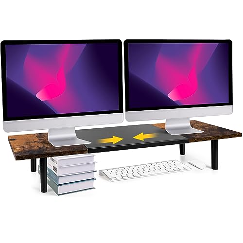 Across-Star Dual-Monitor-Stand-Riser-For-Desk Adjustable Length 32-40 Inch，Large Desktop Computer Monitor Riser For 2 Screens，Desk Shelf Organizer Riser Stand For Computer/Laptop/PC/Printer/TV Black - color: Rustic Brown, size: 32-40‘’ L*9.25‘’D*4.72‘’H