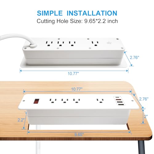 8 Outlets Dual Side USB C Recessed Power Strip Flush Mount Charging Station Built in Desk Multiple Power Socket for Furniture Cabinet Table Conference (White) - color: White