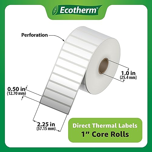 2.25" x .5" Thermal Labels | 4 Rolls | 13840 Labels | fits Zebra, Munbyn, Rollo, Godex, Arkscan, iDPRT, Offnova Thermal Label Printers and More | Blank White Adhesive Stickers by Ecotherm - size: 2.25 x .5 White - 13840 Labels