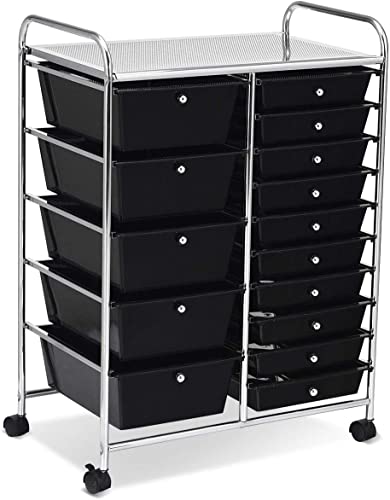 COSTWAY 15 Drawer Rolling Storage Cart, Mobile Utility Cart with Lockable Wheels, Drawers, Multipurpose Organizer Cart for Home, Office, School, Black - color: Black