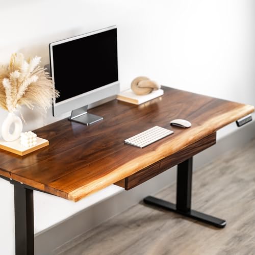 Walnut Standing Desk with Drawer - W60 x D27 Solid Wood Live Edge Adjustable Height Sit Stand Desk - Stable Dual Motor with Memory Presets, Quick Assembly - Stand Up Home Office Table by MWS Studio