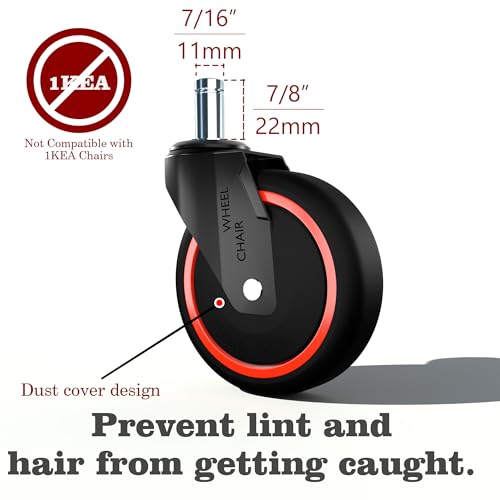 Anti-Tangle Office Chair Casters 5-Pack- 650LB Capacity, 7/16" x 7/8" Stem Size, 3 Inch PA Wheels for Carpet, Tile, Hardwood,360° Smooth Rolling, Low-Noise, Fits Most Chairs,Fits Most Chairs - color: Black Red, size: 11mm-Fit Most