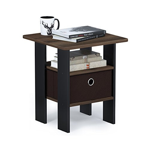 Furinno ANDREY Square Side Table, End Table, Night Stand, Columbia Walnut | Open Shelves, Storage Bin, Soft-Corner, Modern Bedside Table for Small Spaces, Study, Dorm, Living Room, Bedroom - color: Columbia Walnut/Dark Brown, size: 1-Pack, Center Bin