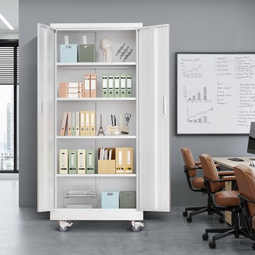 VINGLI Rolling Metal Storage Cabinet with Adjustable Shelves, 71'' Tall Garage Storage Cabinet with Wheels, Locking Tool Cabinets for Home Office Garage Gym School (White) - color: White, size: 71'' Rolling Cabinet