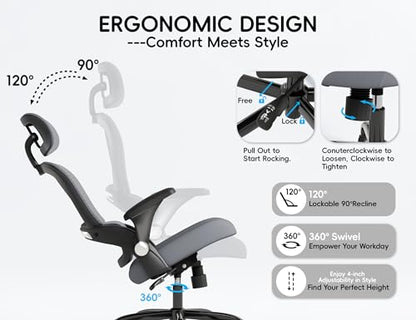 TRALT Office Chair - Ergonomic Desk Chair with Headrest Support for Adults | Home Office Desk Chair with Lumbar Support - Ergonomic Mesh Chairs 330 lb Wide Seat with Lumber Comfy Desk Chair(Black Grey) - color: Black Grey