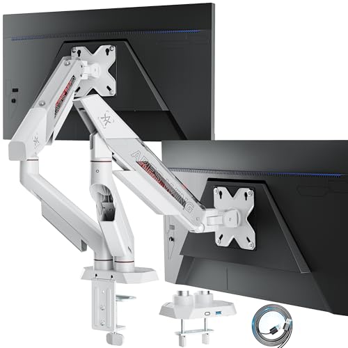 ARES WING 17-35 Inch Heavy Duty Dual Monitor Arm with USB, White | Fully Adjustable Monitor Mount for Flat Curved Ultrawide Screens Up to 26.5lbs, C-Clamp & Grommet Base, 75/100 Vesa Mount - color: White, size: Dual Monitor Arm