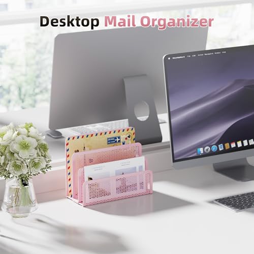 Marbrasse Mail Organizer for Desk, 3-Slot Mesh Metal Mail Holder countertop, Letter Holder, Office Desktop Envelope and Document Storage Rack (Pink) - color: Pink