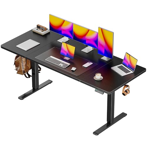 Huuger 63 x 28 Large Electric Standing Desk, Height Adjustable Computer Desk, 27.6" Deep Desktop, Stand up Gaming Office Table with 2 Hooks, 3 Preset Heights, for Home Office, Black - color: Black, size: 63*28 inch (no outlets)