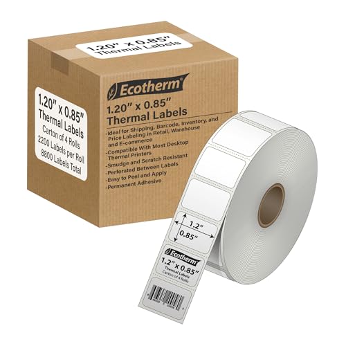 1.2" x .85" Thermal Labels | 4 Rolls | 2,200 Labels/Roll | 8,800 Total | QuickBooks POS Labels | fits Zebra, Munbyn, Rollo, Godex, iDPRT Thermal Printers | Blank White Adhesive Stickers by Ecotherm - size: 1.2 x .85 White - 8800 Labels