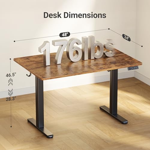 Claiks Electric Height Adjustable Standing Desk, 48x24 Inch, Rustic Brown | Smooth Height Adjustment, 3 Memory Presets, Cable Management Hub&Hook, Stable Steel Frame, 176lbs Capacity, Easy Assembly - color: Rustic Brown, size: 48