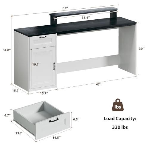 HUAHUU 63" Farmhouse Executive Desk with Drawers, Modern Computer Desk with Power Outlets, Office Writing Desk with Monitor Stand & Storage Cabinet, Printer Shelf, Antique White - color: Black and White