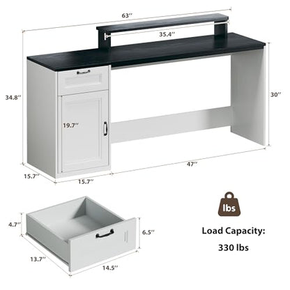 HUAHUU 63" Farmhouse Executive Desk with Drawers, Modern Computer Desk with Power Outlets, Office Writing Desk with Monitor Stand & Storage Cabinet, Printer Shelf, Antique White - color: Black and White