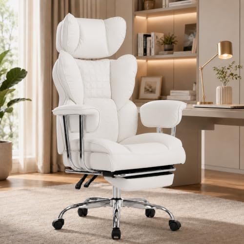 Big and Tall Office Chair, Ergonomic Executive Desk Chair with Footrest and Lumbar Support, Heavy Duty PU Leather Reclining Computer Chair with Extra Wide Seat for Home Office, Beige - color: Beige