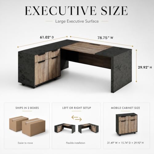 SAINTCY Executive Office Desk with Mobile File Cabinet, L Shaped Desk with Power Outlet & Drawers, Modern Wood Office Desk for Home Office, Studio & Business Workspace (Mahogany, 78.75" W) - color: Mahogany, size: 78.75"W