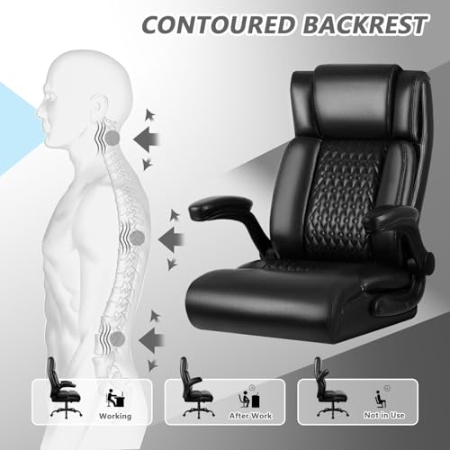 OFIKA Executive Office Chair Heavy Duty Office Chair Padded Flip Up Armrest, Computer Gaming Chair PU Leather Desk Chair, High Back Big and Tall Office Chair with Lumbar Support (Black) - color: Flip Up Armrest-black