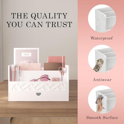 Wisuce Bamboo Mail Organizer with Drawer, Countertop Desk Organizer(White) | Made from Natural Bamboo Multi-Compartment Design Built-In Drawer No Assembly Required - color: 1 White