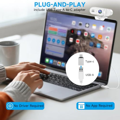 AOC 4K Webcam for PC, Streaming Camera with Noise-Canceling Mic, White | 90° FOV, Privacy Cover, Plug & Play, Zoom/Skype/FaceTime Compatible, Works with Mac/Laptop/Switch 2, USB C-A Adapter Included - color: white