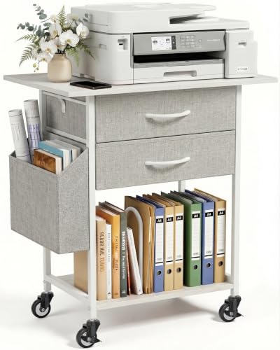 Faesun Printer Stand with Storage,3-Tier Rolling Printer Table with Drawers - color: White