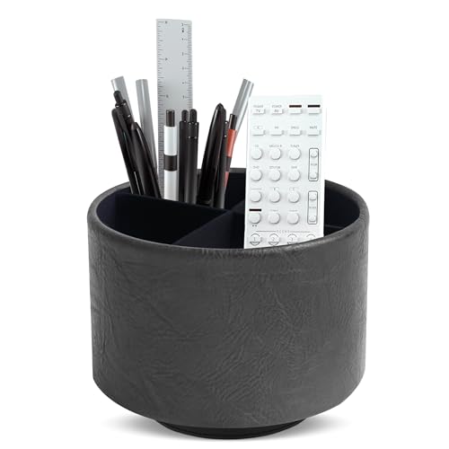 Round Leather Art Supply Organizer,Remote Control Holder,360 Degree Spinning,Multi-Functional Pencil Holder,4 Compartments Desktop Stationary Organizer(1-Crazy Black) - color: 1-Crazy Black