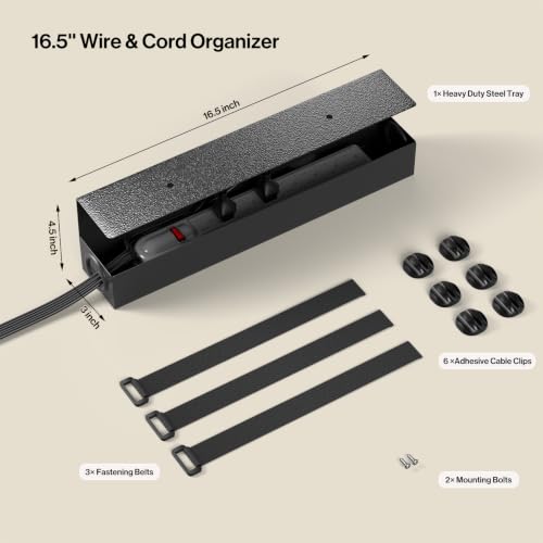 POCHAR Under Desk Cable Management Tray, 16.5" Extended Wire Organizer | Slim 3" Profile Steel Power Strip Holder, Screw-Mount Cord Hider for Wide Standing Desk Home Office - size: 16.5 inch