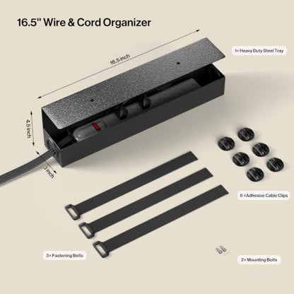 POCHAR Under Desk Cable Management Tray, 16.5" Extended Wire Organizer | Slim 3" Profile Steel Power Strip Holder, Screw-Mount Cord Hider for Wide Standing Desk Home Office - size: 16.5 inch