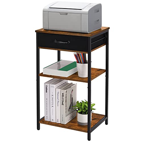 BTY Printer Stand with Storage 3 Tier Home Printer Table with Drawers Multifunctional Under Desk Printer Shelf Holder Industrial End Table Nightstand for Fax Machine Scanner Files Brown