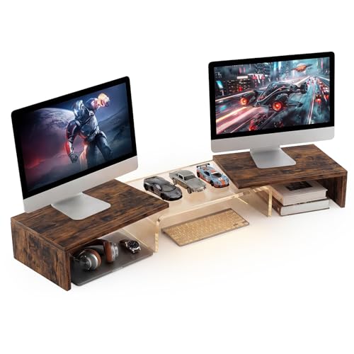 Dual Monitor Riser, Acrylic Monitor Riser with Keyboard Storage, Adjustable Angle & Length Computer Monitor Stand, Wide Desk Shelf for Top of Desk for Home Office_Wood Look - color: Wood, size: 38 in - Keyboard Storage