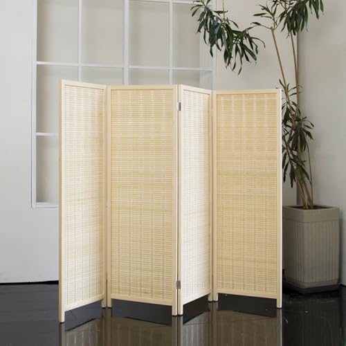 4 Panel Short Room Divider – 3.9 ft Tall Double-Side Folding Privacy Screen, Natural Beige Bamboo Partition Wall for Home Office, Living Room & Corner Spaces - color: Beige, size: 4 Panel